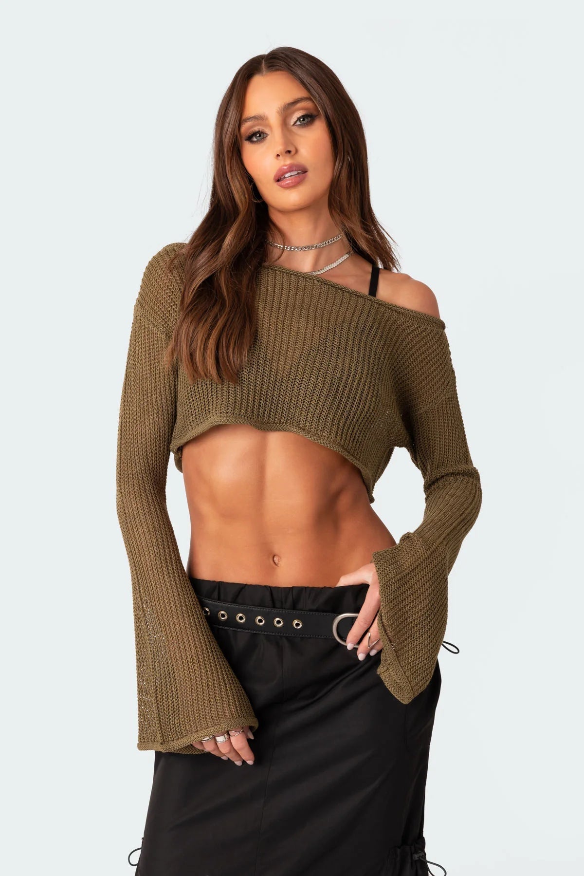 Sheer Cropped Off Shoulder Sweater