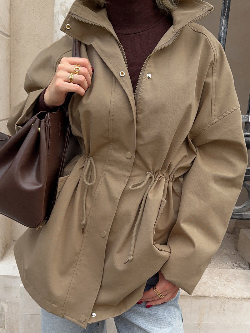 Stand Collar Drawstring Waist Field Jacket