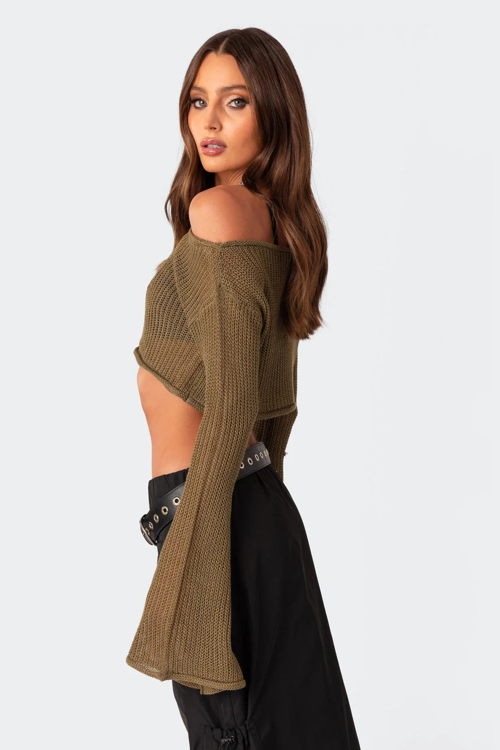 Sheer Cropped Off Shoulder Sweater
