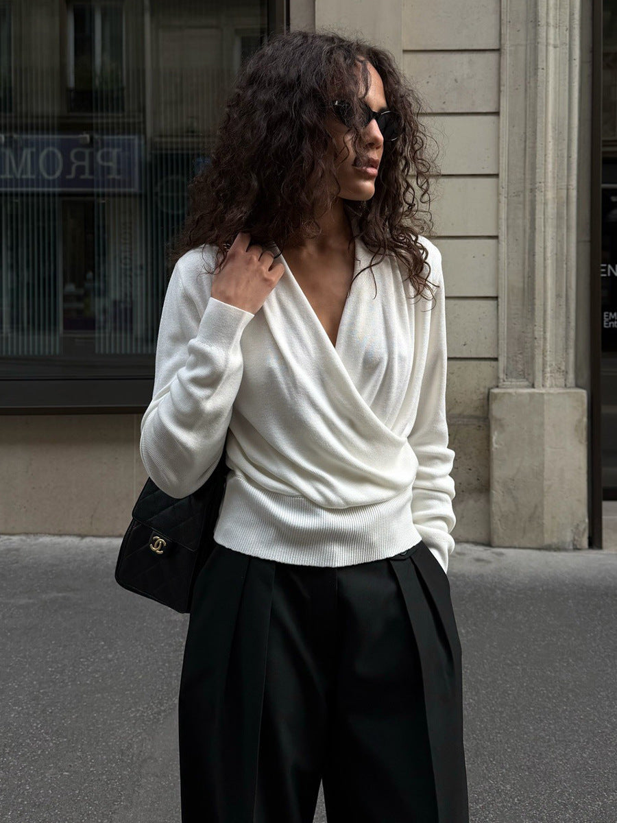 Draped Cowl Neck Crossover Fitted Sweater