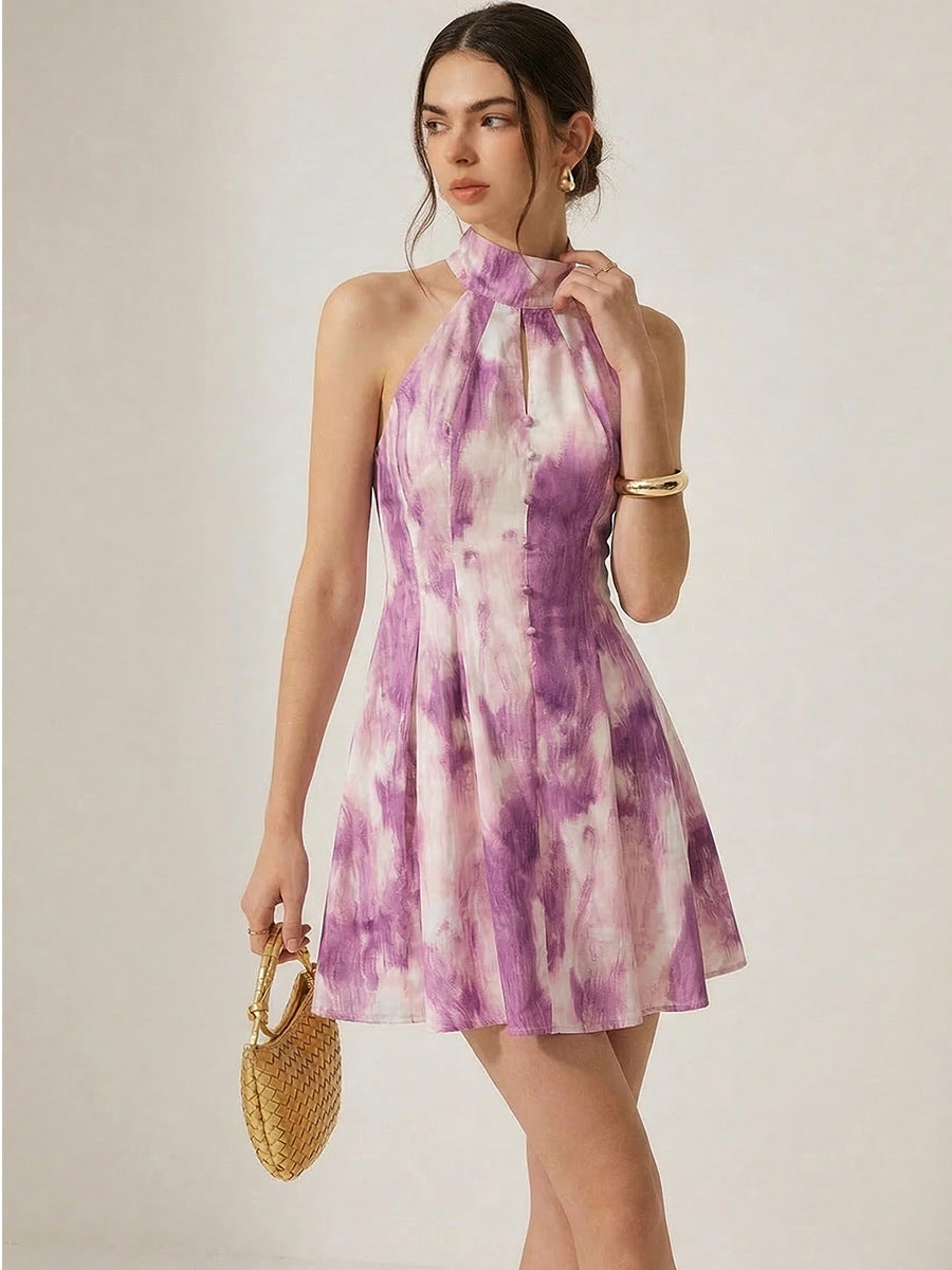 Halter Neck A Line Flowy Sleeveless Mini Dress