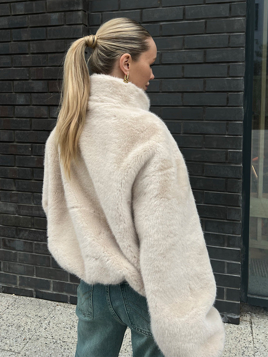 Plush Stand Collar Zip Jacket