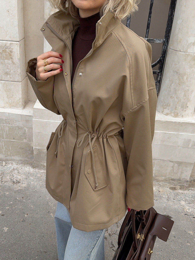Stand Collar Drawstring Waist Field Jacket