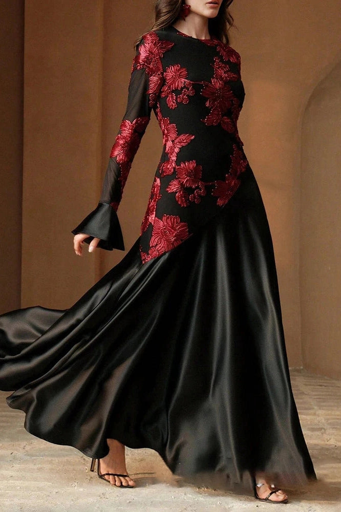 Glorol - Elegant High Waist O-Neck Flare Sleeve Pleated Maxi Dress