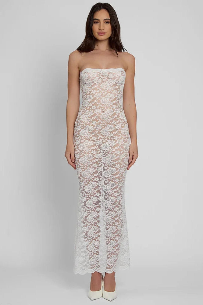 Glorol - Lace See Through Off-shoulder Strapless Sleeveless Midi Dress