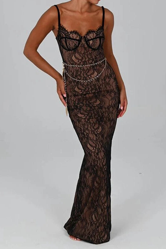 Glorol - Elegant V Neck Sleeveless Lace Slim Maxi Dress