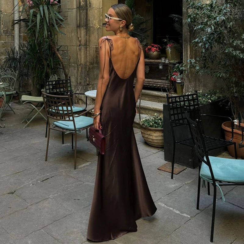 Glorol - Spaghetti Strap Backless Lace Up Slim Maxi Dress