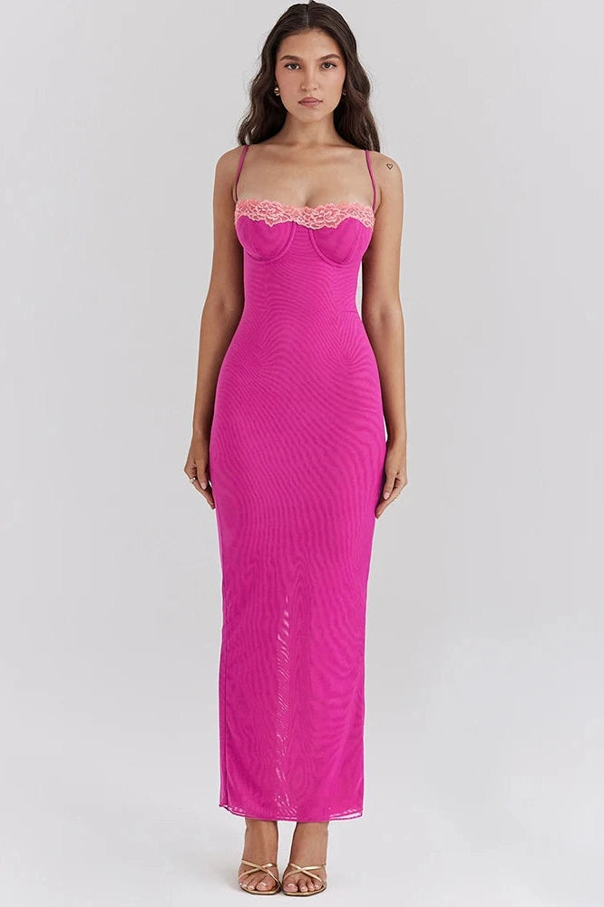 Glorol - Lace Spaghetti Strap Patchwork Sleeveless Bodycon Maxi Dress