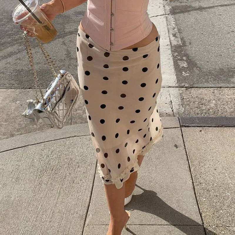 Glorol - High Waist Polka Dot Lace Splice Skirt