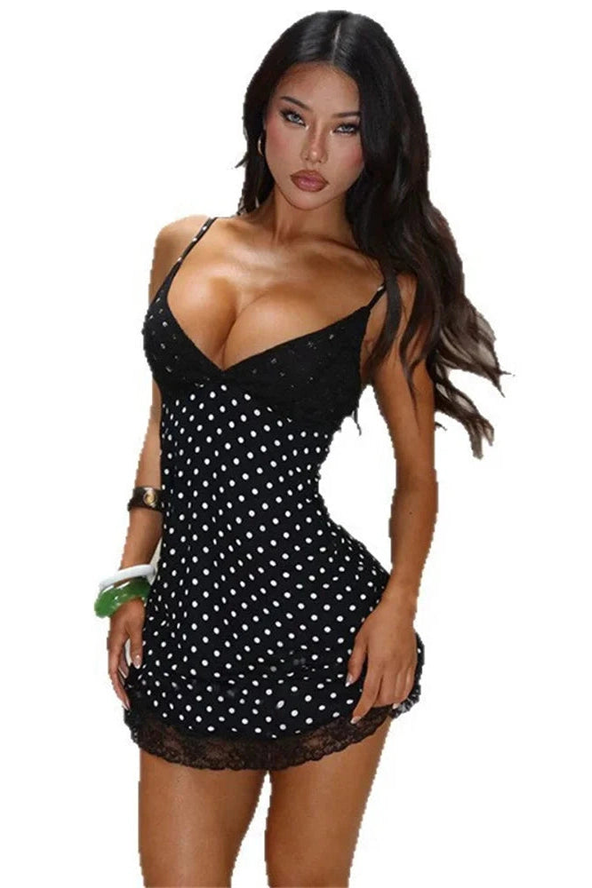 Glorol - Lace Patchwork V-Neck High Waist Mini Dress