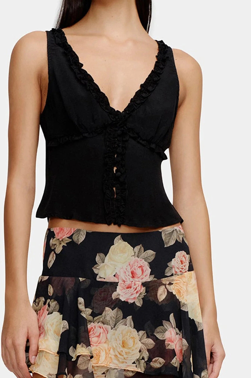 Glorol - Dot Print Deep V-Neck Sleeveless Slim Top