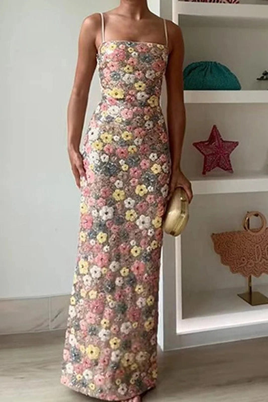 Glorol - Floral Printed Spaghetti Strap Slim Sleeveless Maxi Dress