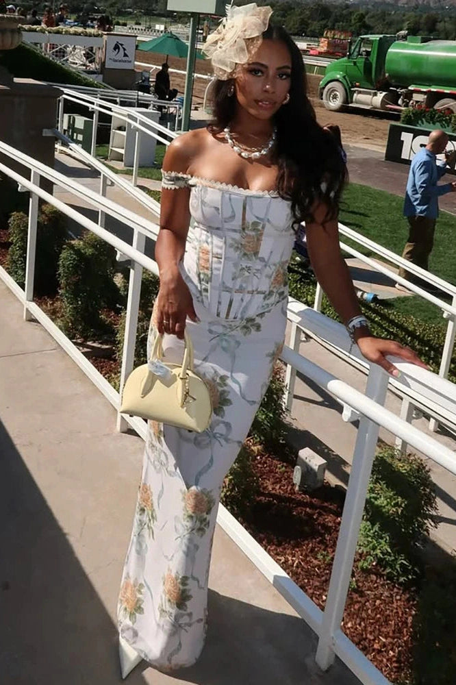 Glorol - Printed Off-Shoulder Sleeveless Backless Bodycon Maxi Dress