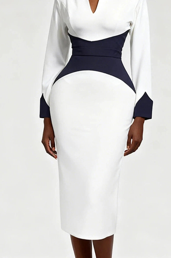 Glorol - Elegant Long Sleeve Bodycon Deep V-Neck Slim Midi Dress