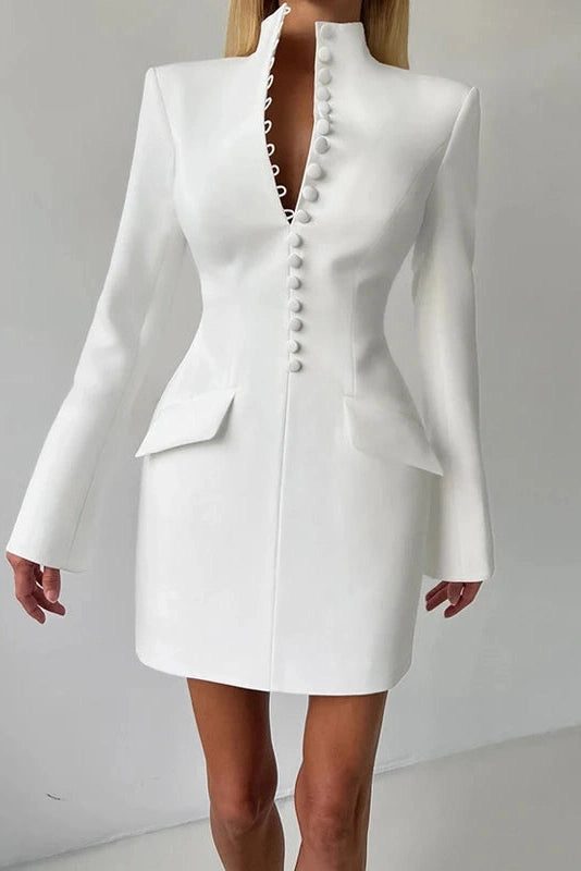 Glorol - Long Sleeve High Waist A-Line Turtleneck Slim Mini Dress