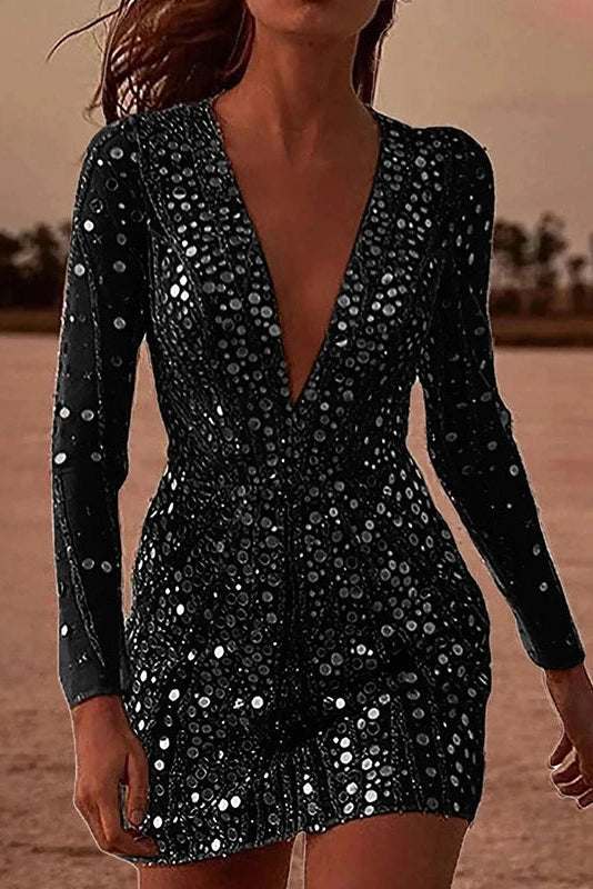 Glorol - Deep V Neck Slim Long Sleeved A-Line High Waist Mini Dress