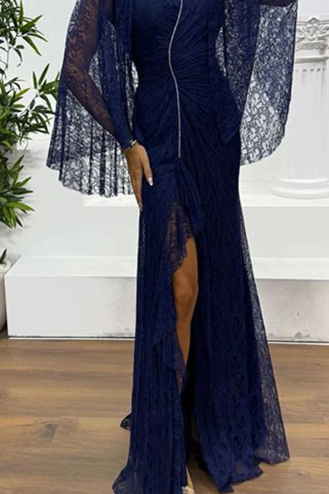 Glorol - Hollow Lace Embroidery V-Neck Slim Split High Waist Maxi Dress