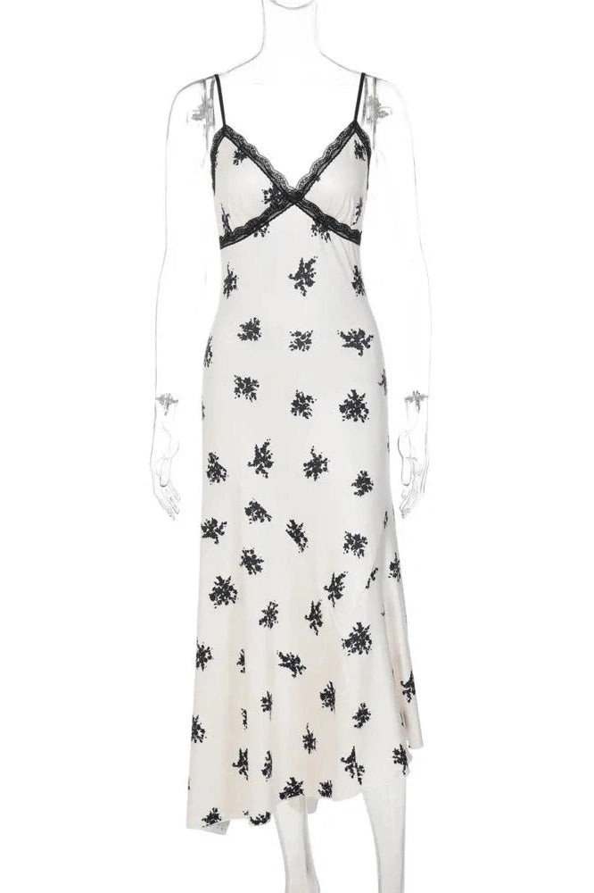 Glorol - Lace Printed Backless Spaghetti Strap V Neck Sleeveless Bodycon Midi Dress