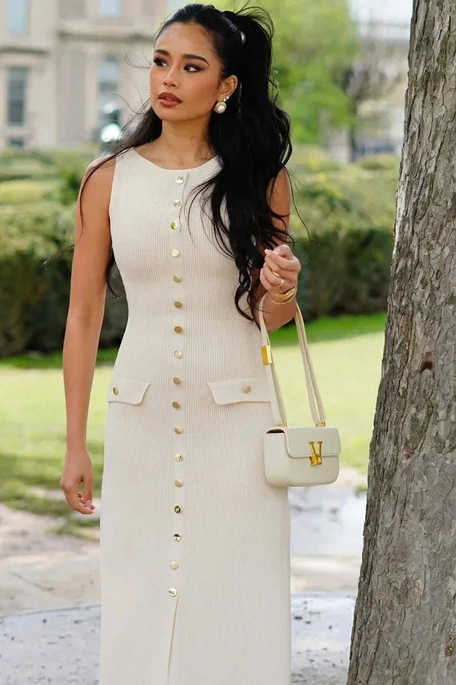 Glorol - Sleeveless Patchwork High Waist Pocket Maxi Dress