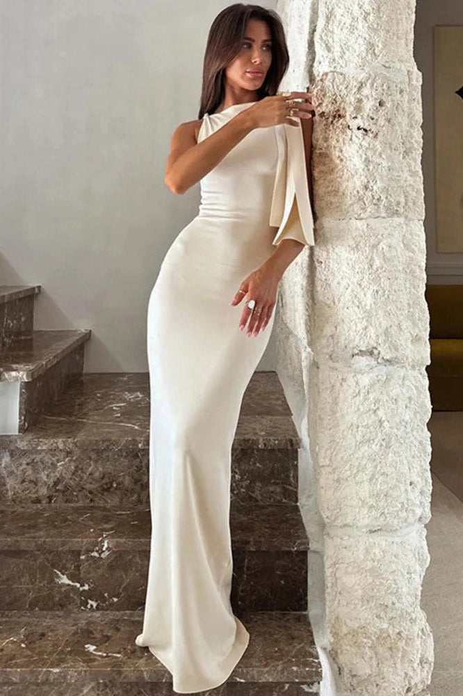 Glorol - Diagonal Collar Off-shoulder Sleeveless Maxi Dress