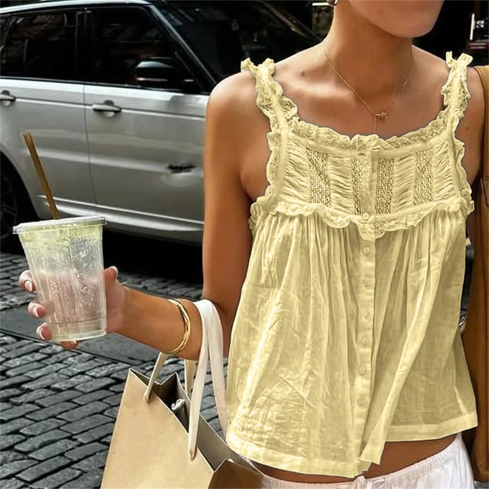 Glorol - Lace Patchwork Button Sleeveless Top
