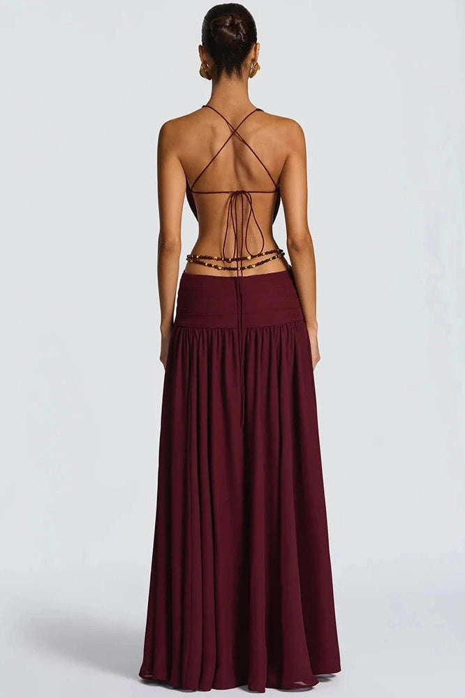 Glorol - Hollow Out Deep V Neck Sleeveless Backless High Split Maxi Dress