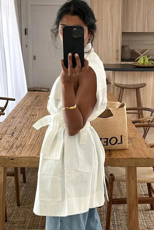 Glorol - Sleeveless Belted Loose Button Top