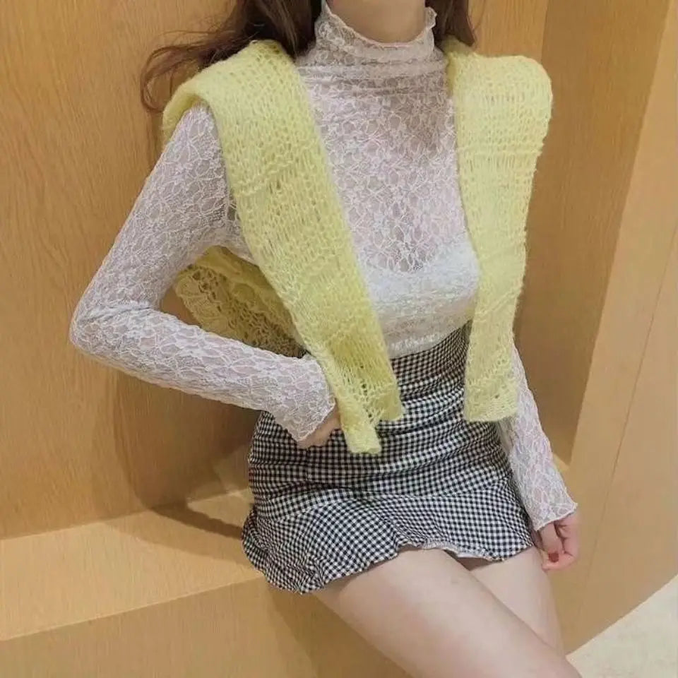 Glorol - Lace Long-Sleeve Mesh Top