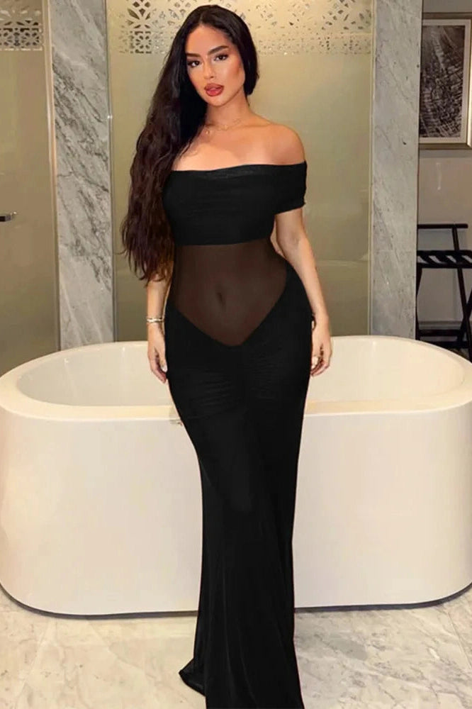 Glorol - Off-Shoulder Backless Strapless Sleeveless See Through Maxi Dress
