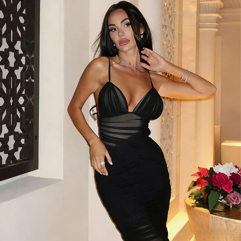 Glorol - Patchwork V-Neck See Through Backless Maxi Dress