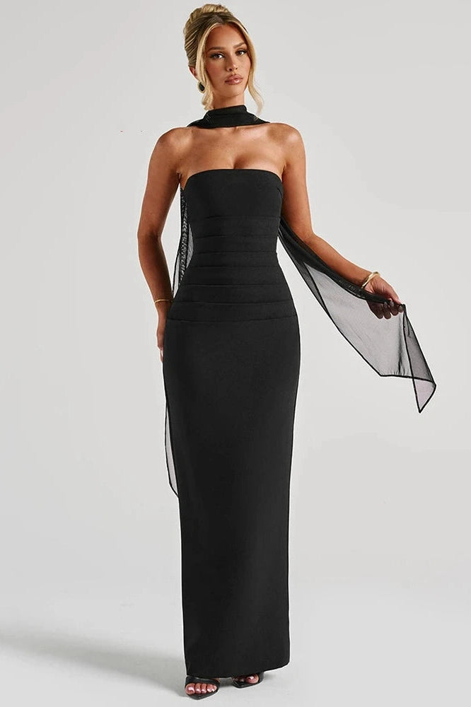 Glorol - Scarf Collar Strapless Off-Shoulder Backless Bodycon Maxi Dress