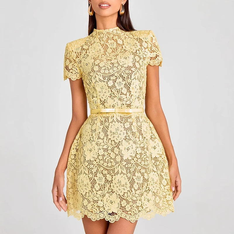Glorol - Lace O-Neck Short Sleeve Printed Slim Mini Dress