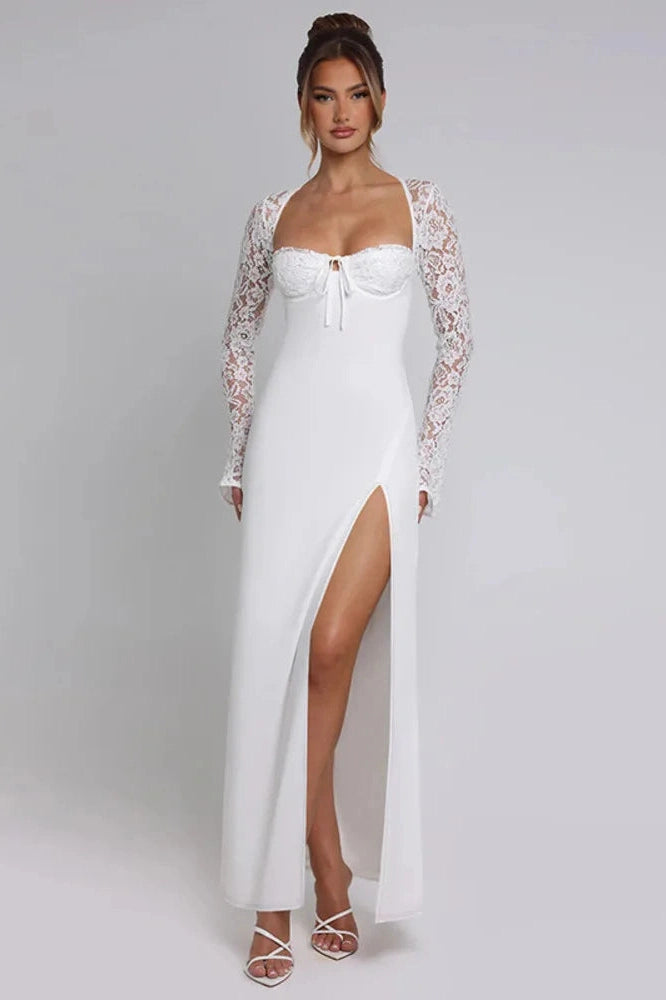 Glorol - Lace Long Sleeve Square Collar Backless Maxi Dress