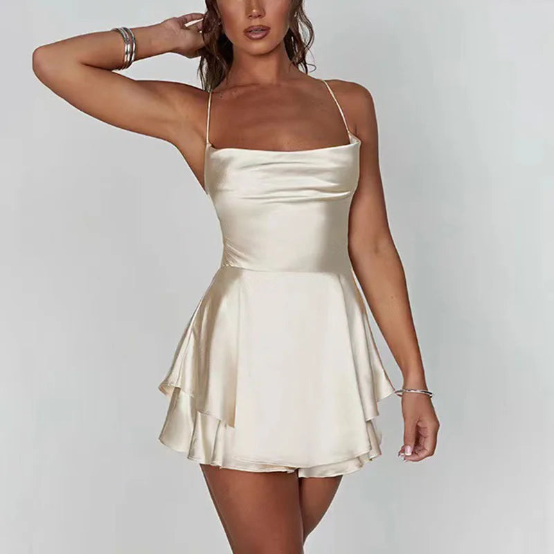 Glorol - Backless V-Neck Lace-Up Mini Dress