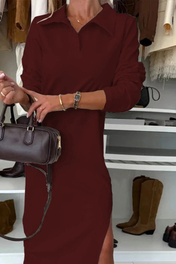 Glorol - Elegant High Waist Loose A-Line Long Sleeve Midi Dress