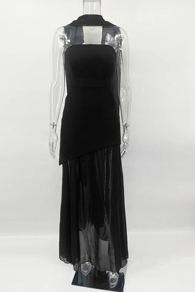 Glorol - Elegant Strapless Slit Sleeveless Mesh Maxi Dress