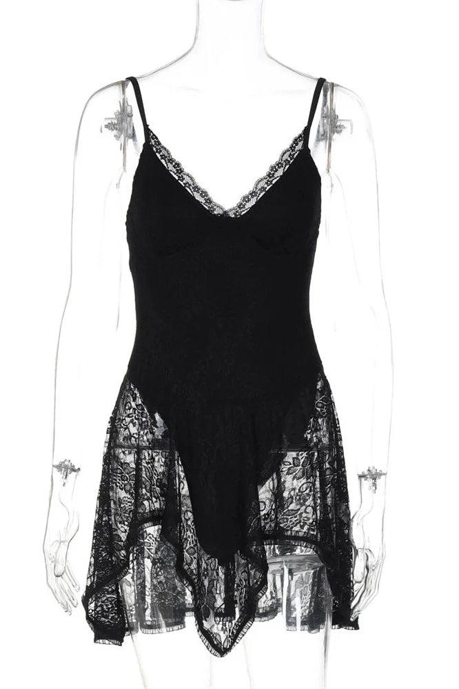 Glorol - Hollow Out Lace V-Neck Patchwork Bodycon Mini Dress