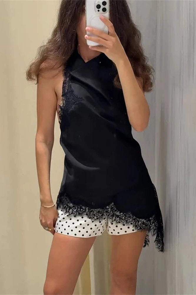 Glorol - Lace Patchwork Backless Slim V-Neck Top