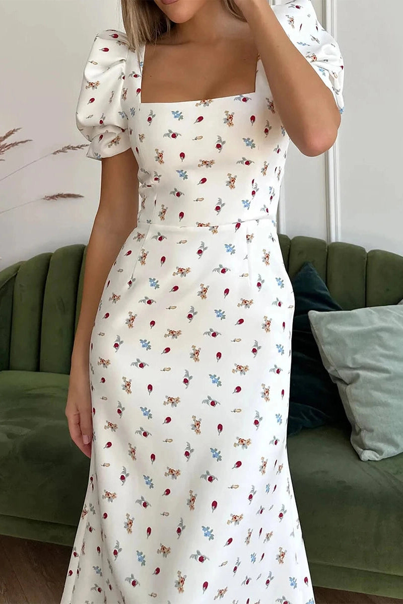 Glorol - Short Sleeve Floral Print A-Line Midi Dress