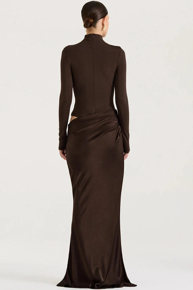 Glorol - Hollow Out Long Sleeve Turtleneck Bodycon Maxi Dress
