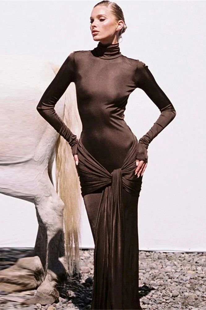 Glorol - Slim Pleated Long Sleeve Lace-Up Maxi Dress