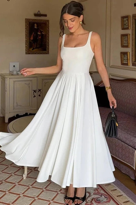 Glorol - Elegant Square Collar Sleeveless High Waist Pleated Maxi Dress