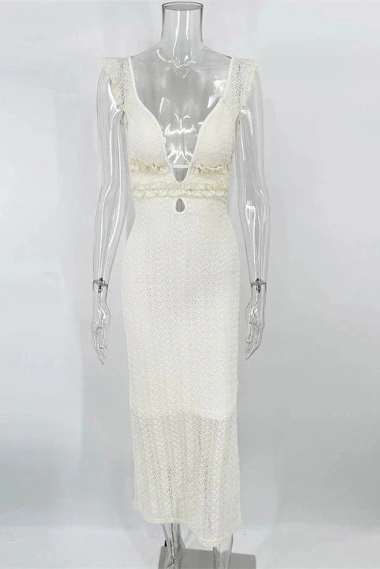 Glorol - Deep V Neck Sleeveless See Through High Waist Knitted Maxi Dress