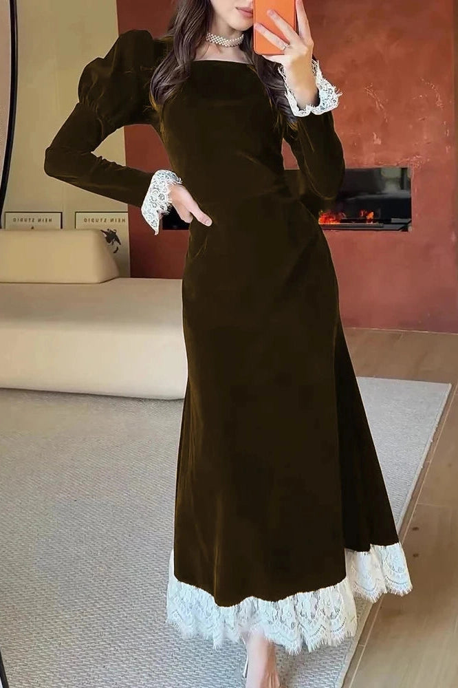 Glorol - Elegant Long Sleeve High Waist Lace Maxi Dress