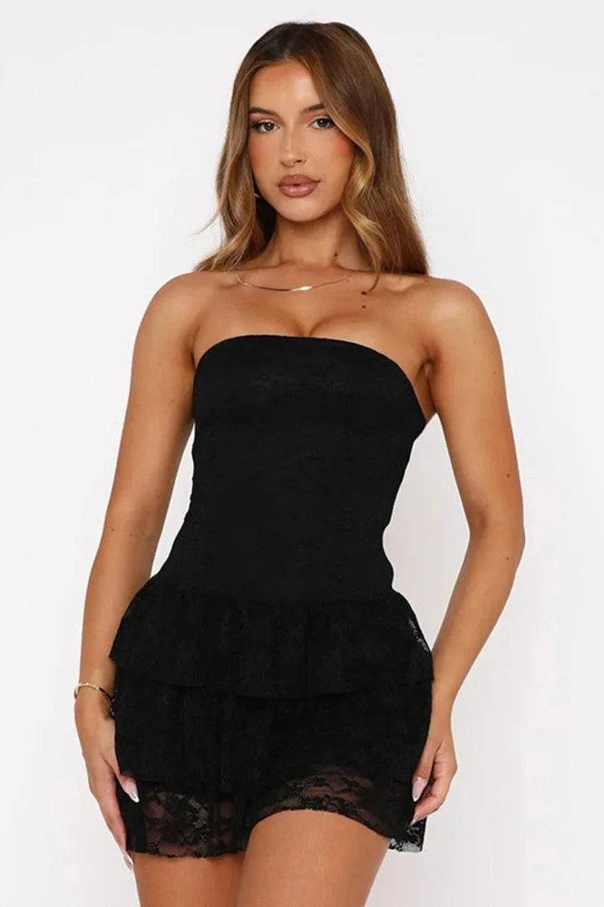 Glorol - Off-Shoulder Strapless Lace Sleeveless High Waist Pleated Mini Dress
