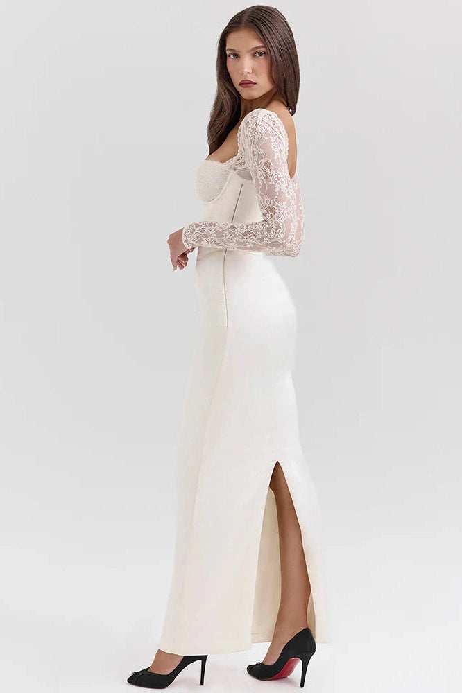 Glorol - Lace Long Sleeve Square Collar Backless Maxi Dress