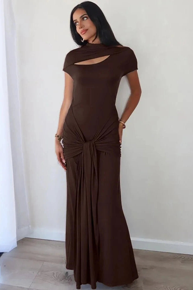 Glorol - Hollow Out Short Sleeve Turtleneck Bodycon Maxi Dress