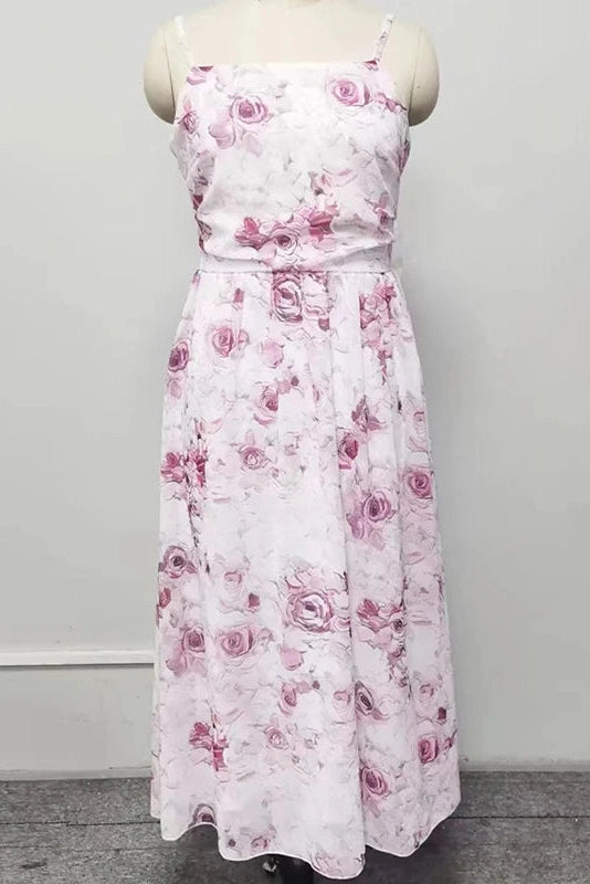 Glorol - Slash Neck Printed Sleeveless High Waist Pleated Midi Dress