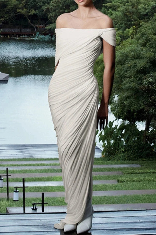 Glorol - Pleated Off-Shoulder Slim Maxi Dress