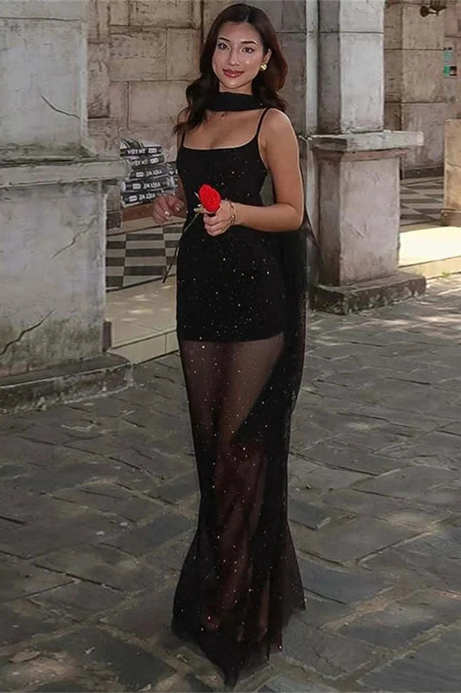 Glorol - Lace-Up See-Through Backless Slim Bodycon Maxi Dress